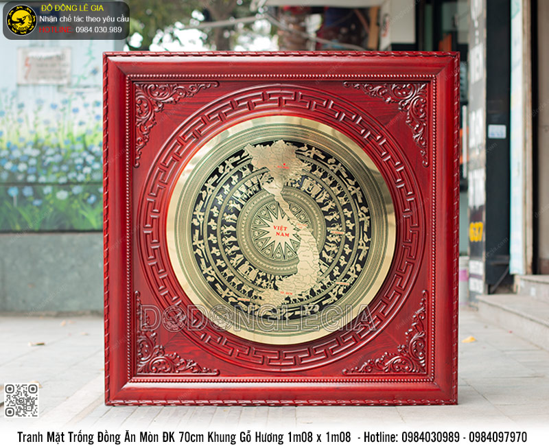 Tranh Mặt Trống Ăn Mòn ĐK 70cm Khung Gỗ Hương 1m08