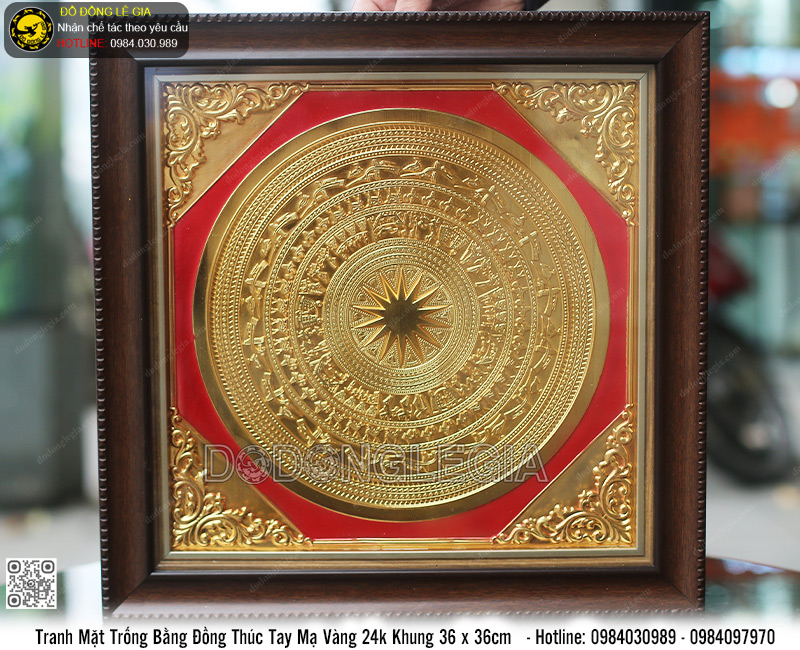 Tranh Mặt Trống Bằng Đồng Mạ Vàng 24k Khung 36 x 36cm