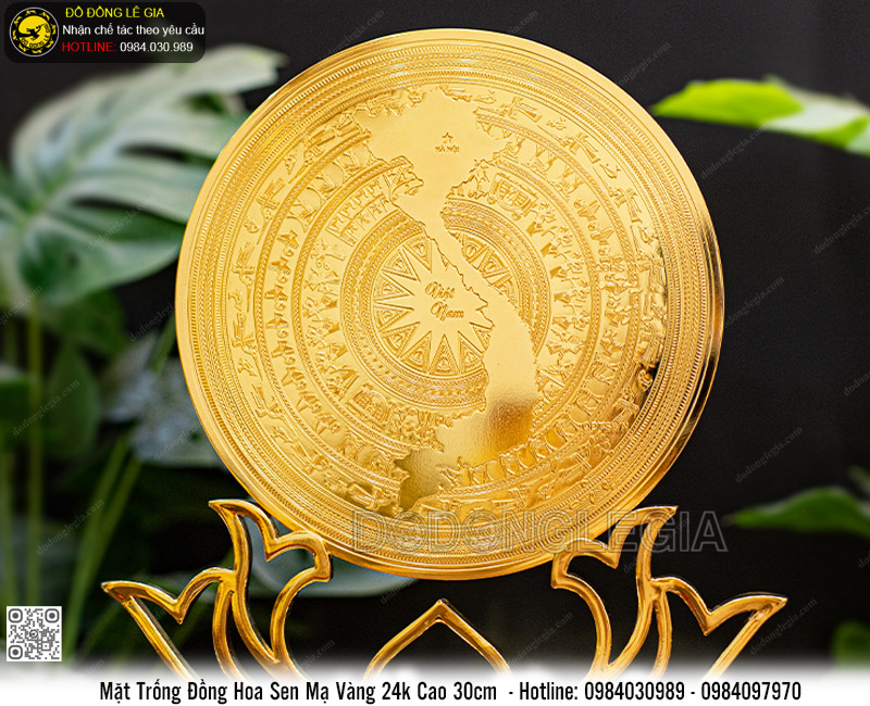 Biểu Trưng Mặt Trống Hoa Sen để bàn mạ vàng 24k cao 30cm