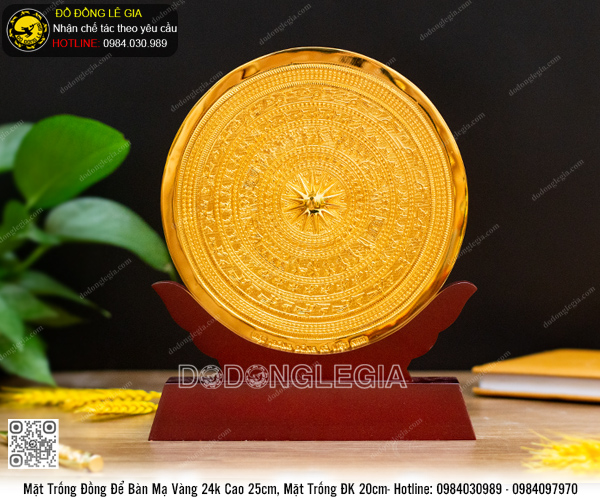 Biểu Trưng Mặt Trống Để Bàn Mạ Vàng 24k Cao 25cm, Mặt Trống ĐK 20cm