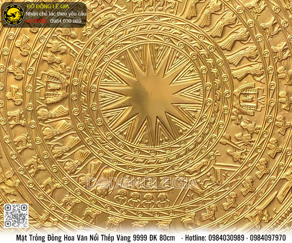 Mặt Trống Đồng Hoa Văn Nổi ĐK 80cm dát vàng 9999