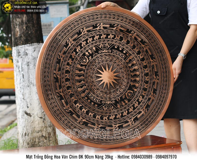 Mặt trống đồng đúc thủ công hoa văn nổi đường kính 90cm