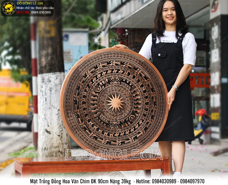 Mặt trống đồng đúc thủ công hoa văn nổi đường kính 90cm