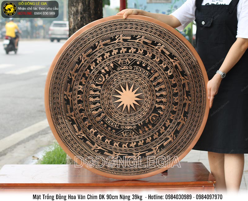Mặt trống đồng đúc thủ công hoa văn nổi đường kính 90cm
