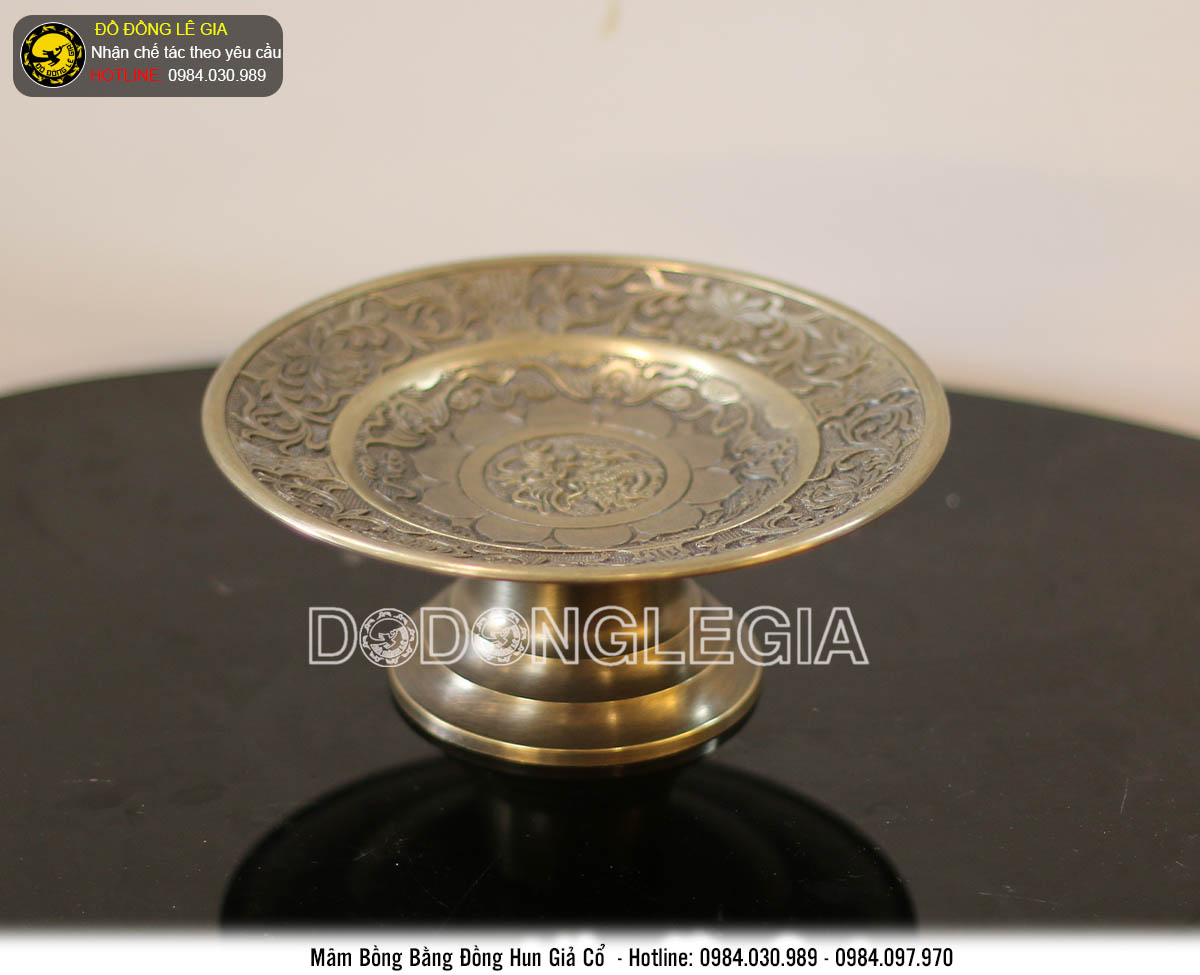 Mâm bồng bằng đồng hun giả cổ đựng hoa quả thờ cúng