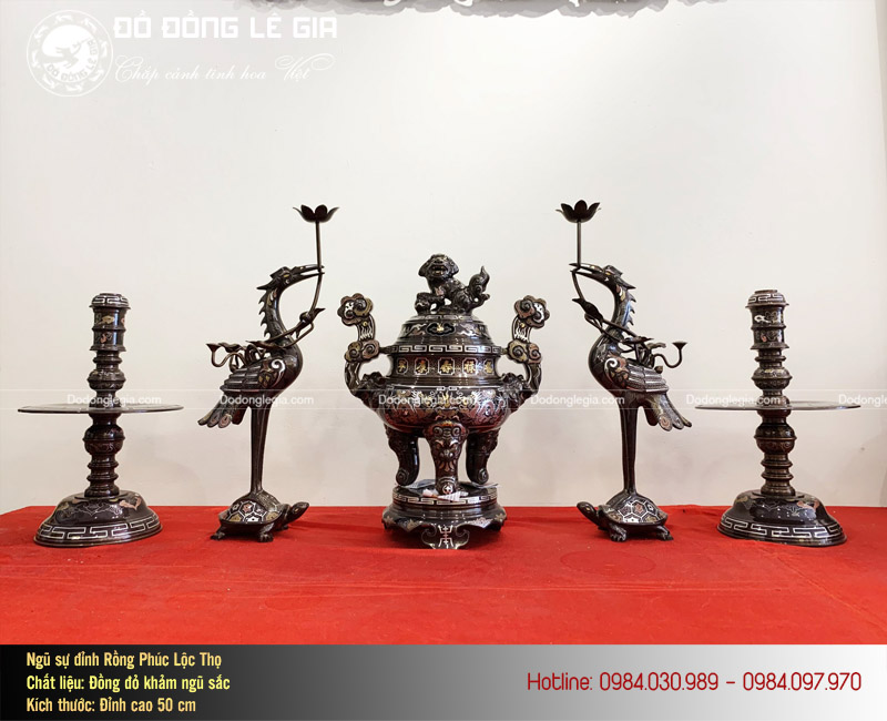 Bộ ngũ sự bằng đồng khảm ngũ sắc cao 50cm khảm 5 chữ vàng