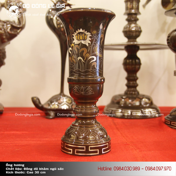 Ống hương bằng đồng đỏ khảm ngũ sắc