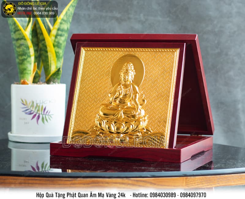 Hộp Quà Tặng Phật Quan Âm mạ vàng 24k 23x23cm