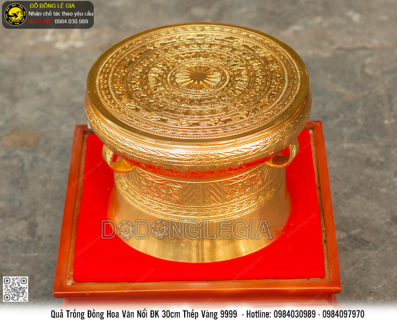Quả Trống Đồng Hoa Văn Nổi ĐK 30cm thếp vàng 9999