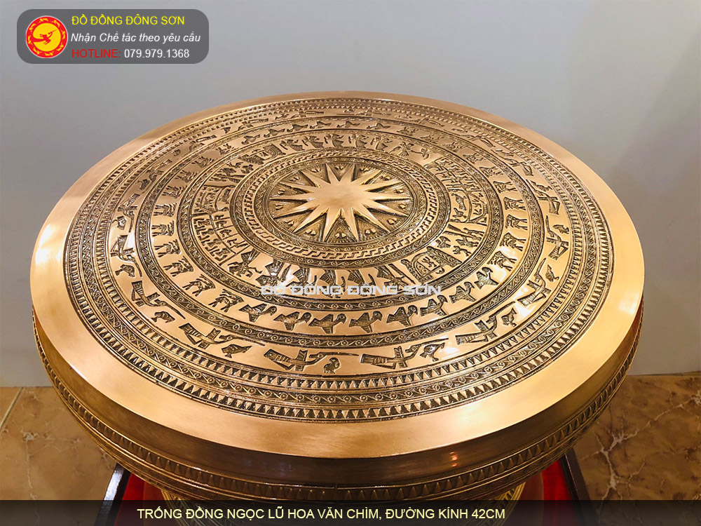 Quả trống đồng Ngọc Lũ đường kính 42cm hoa văn chìm