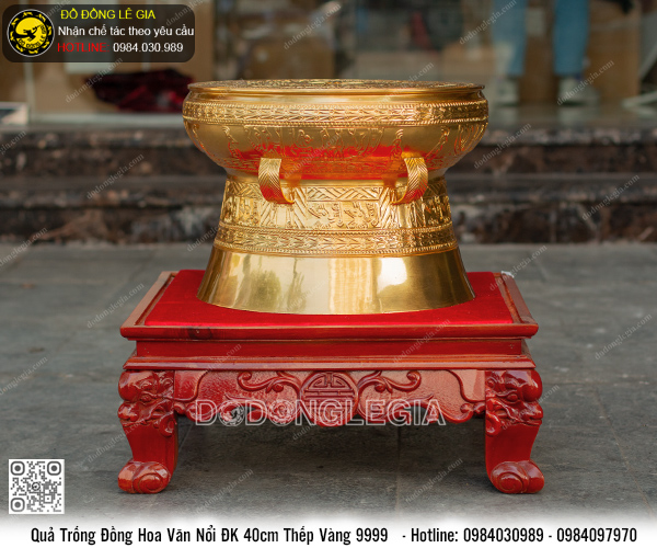 Quả Trống Đồng Hoa Văn Nổi ĐK 40cm thếp vàng 9999