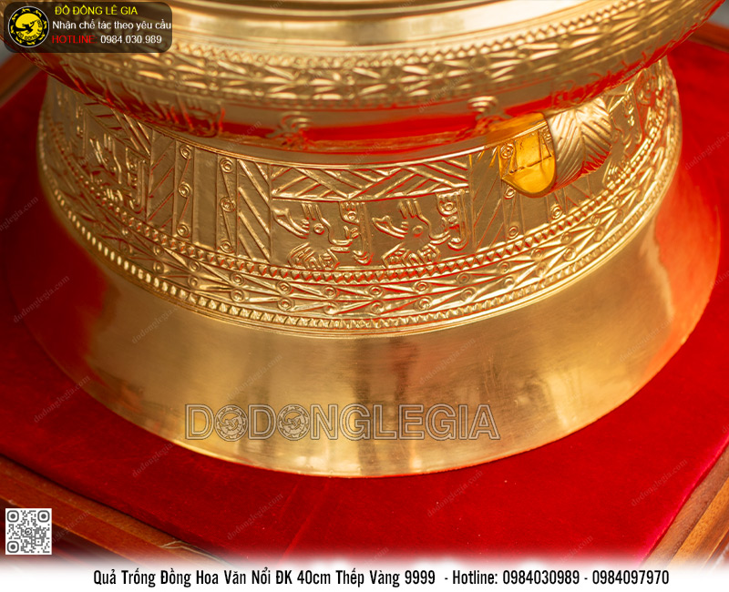 Quả Trống Đồng Hoa Văn Nổi ĐK 40cm thếp vàng 9999