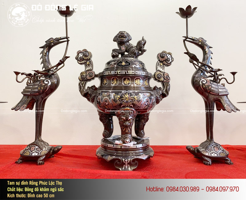 Bộ ngũ sự bằng đồng khảm ngũ sắc cao 50cm khảm 5 chữ vàng