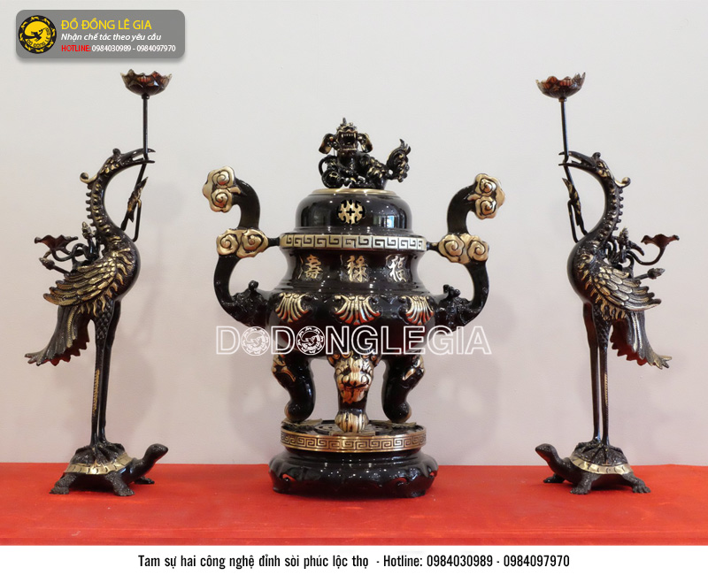 Bộ tam sự bằng đồng hoa sòi Phúc Lộc Thọ