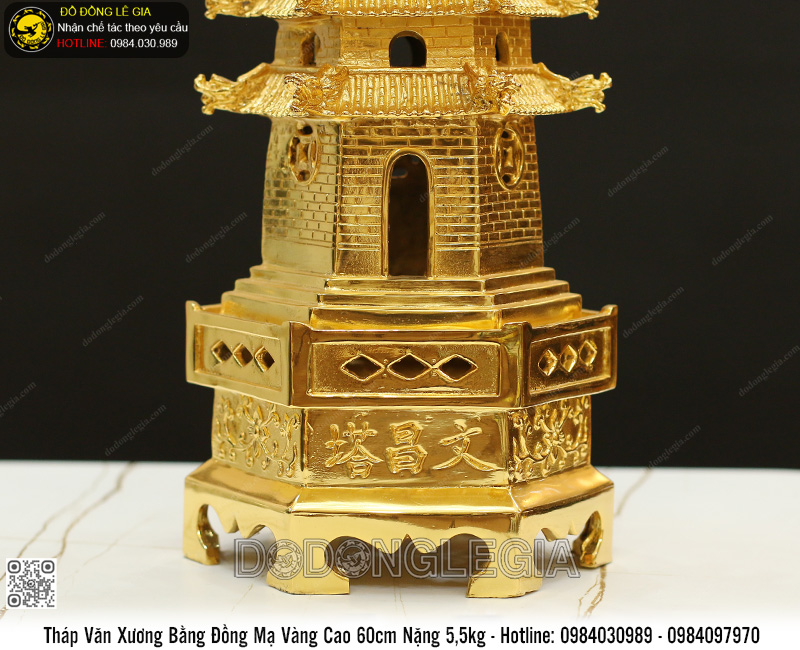 Tháp Văn Xương 9 Tầng Bằng Đồng Cao 60cm Mạ Vàng 24k