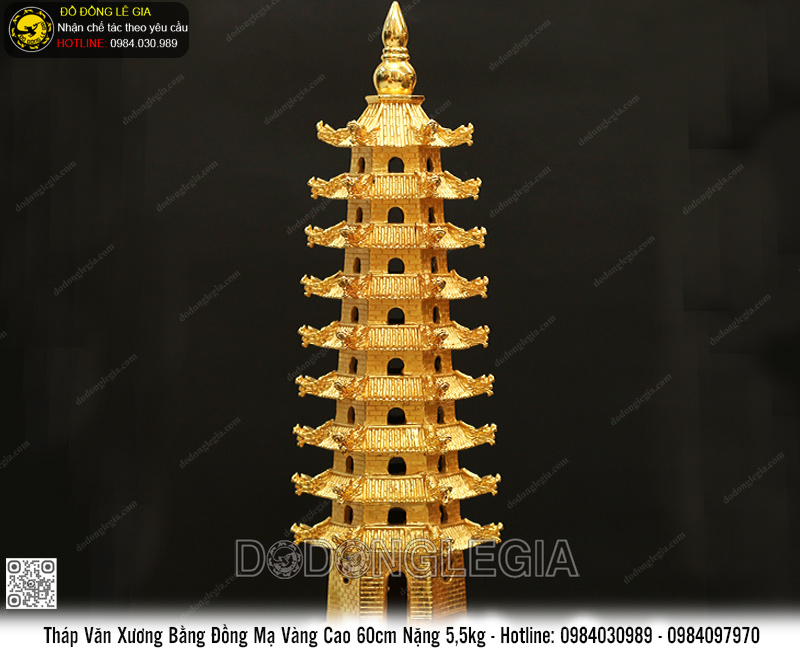 Tháp Văn Xương 9 Tầng Bằng Đồng Cao 60cm Mạ Vàng 24k
