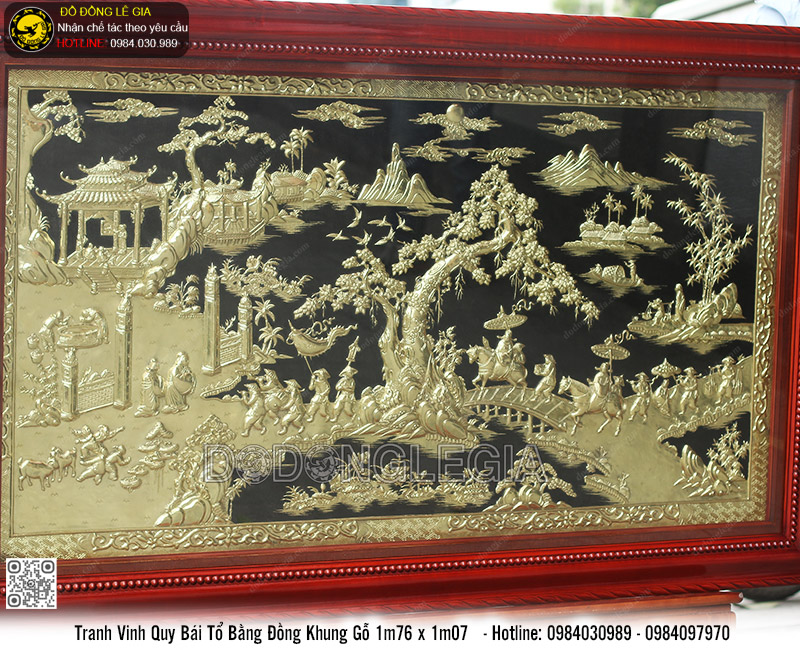 Tranh Vinh Quy Bái Tổ Bằng Đồng Khung Gỗ 1m76 x 1m07