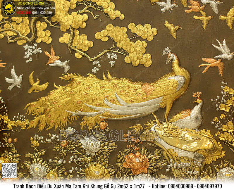 Tranh Bách Điểu Du Xuân mạ tam khí khung gỗ gụ 2m62 x 1m27
