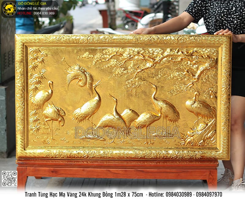 Tranh Tùng Hạc mạ vàng 24k khung đồng 1m28x75cm