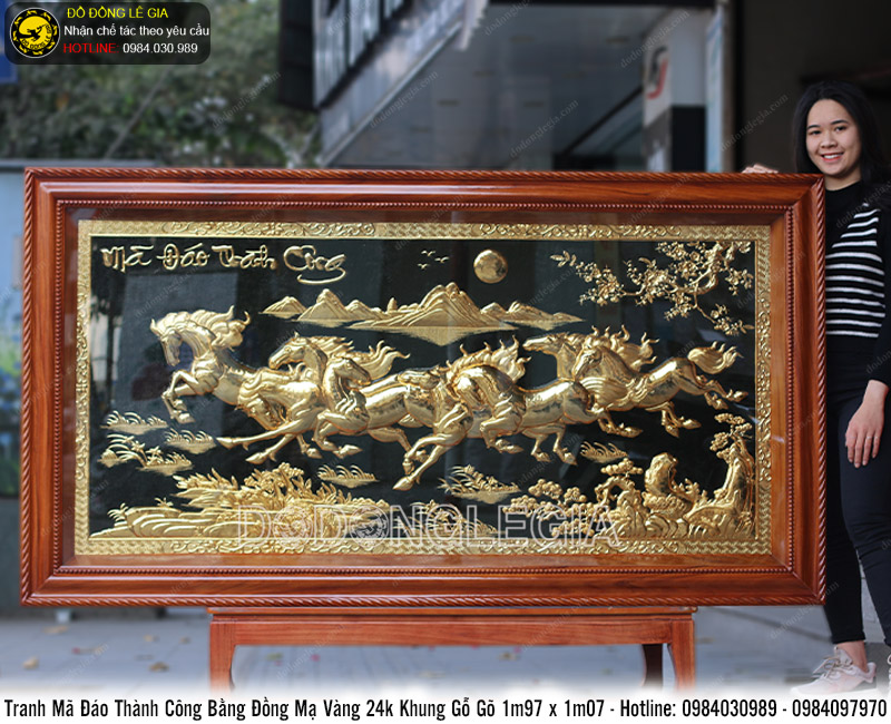 Tranh bát mã mạ vàng 24k khung gỗ gõ KT 1m97x1m07