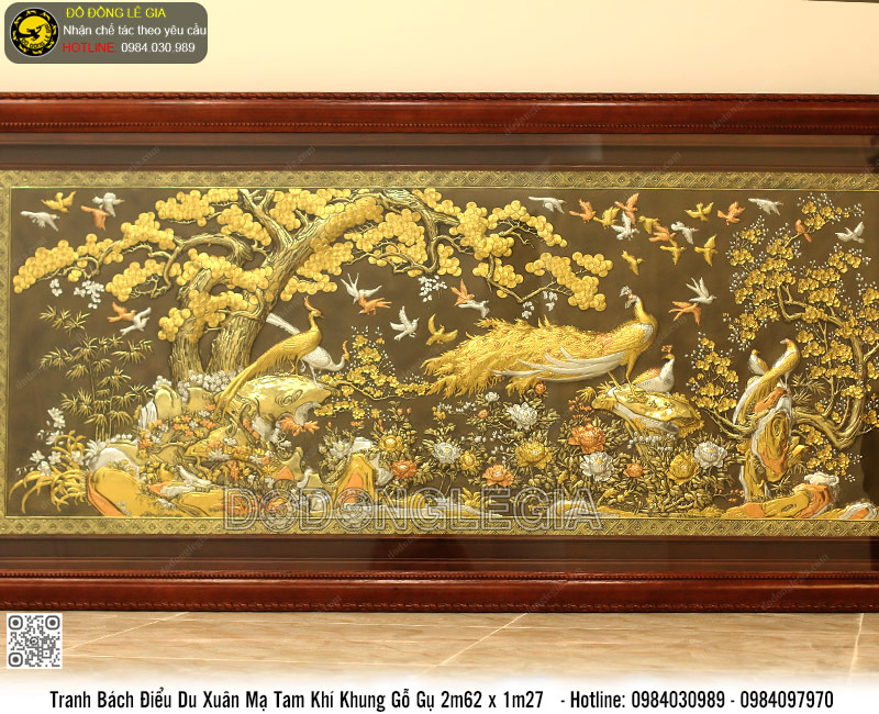 Tranh Bách Điểu Du Xuân mạ tam khí khung gỗ gụ 2m62 x 1m27