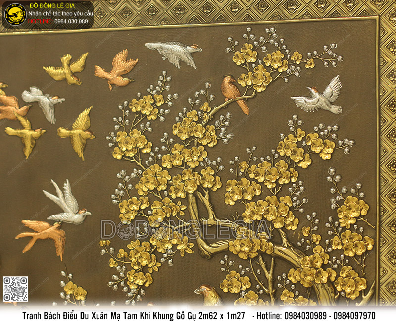 Tranh Bách Điểu Du Xuân mạ tam khí khung gỗ gụ 2m62 x 1m27