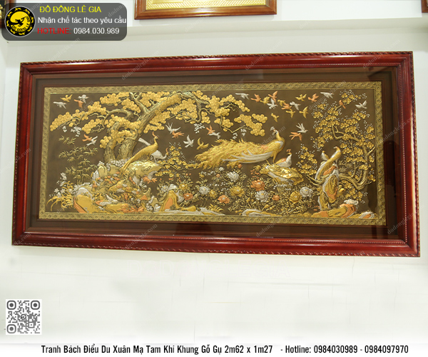 Tranh Bách Điểu Du Xuân mạ tam khí khung gỗ gụ 2m62 x 1m27