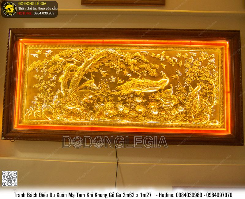 Tranh Bách Điểu Du Xuân mạ tam khí khung gỗ gụ 2m62 x 1m27