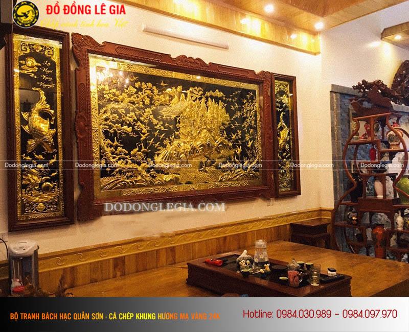 Bộ tranh bách hạc và cá chép mạ vàng 24k