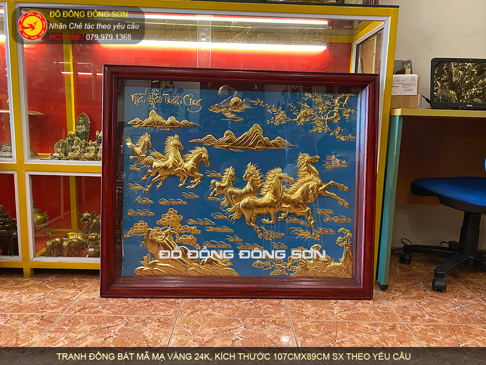 Tranh Mã Đáo Thành Công Bằng Đồng Mạ Vàng 24K Khung gỗ hương