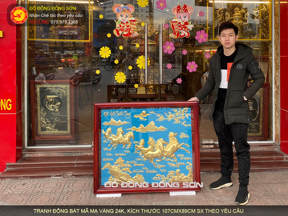 Tranh Mã Đáo Thành Công Bằng Đồng Mạ Vàng 24K Khung gỗ hương