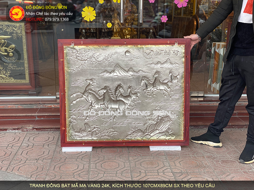 Tranh Mã Đáo Thành Công Bằng Đồng Mạ Vàng 24K Khung gỗ hương