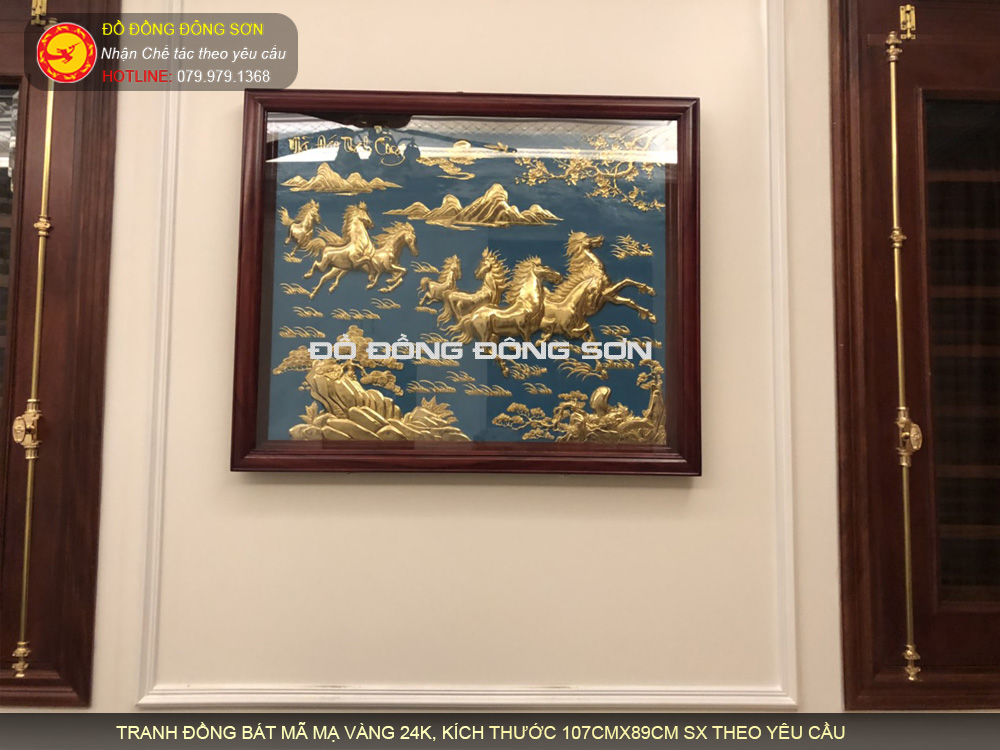Tranh Mã Đáo Thành Công Bằng Đồng Mạ Vàng 24K Khung gỗ hương