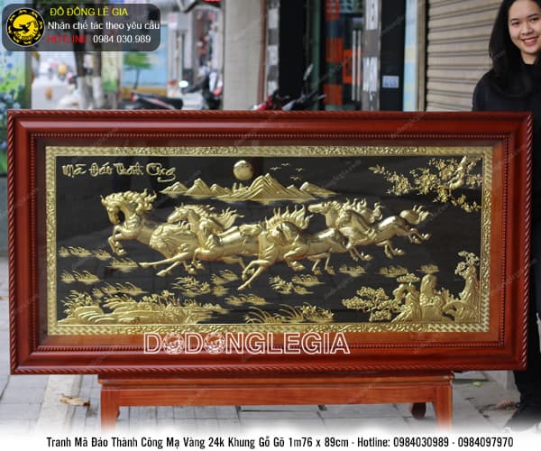 Tranh mã đáo thành công mạ vàng 24k khung gỗ gõ 1m76x89cm