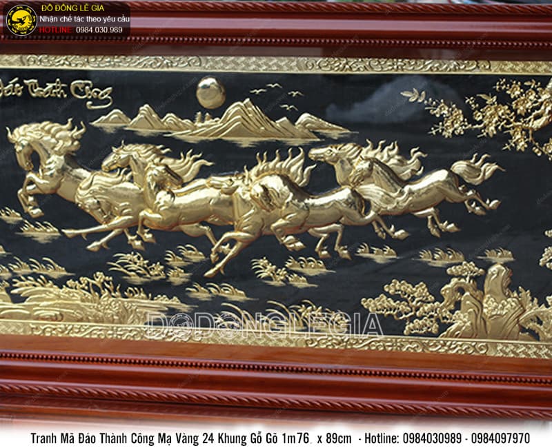 Tranh mã đáo thành công mạ vàng 24k khung gỗ gõ 1m76x89cm