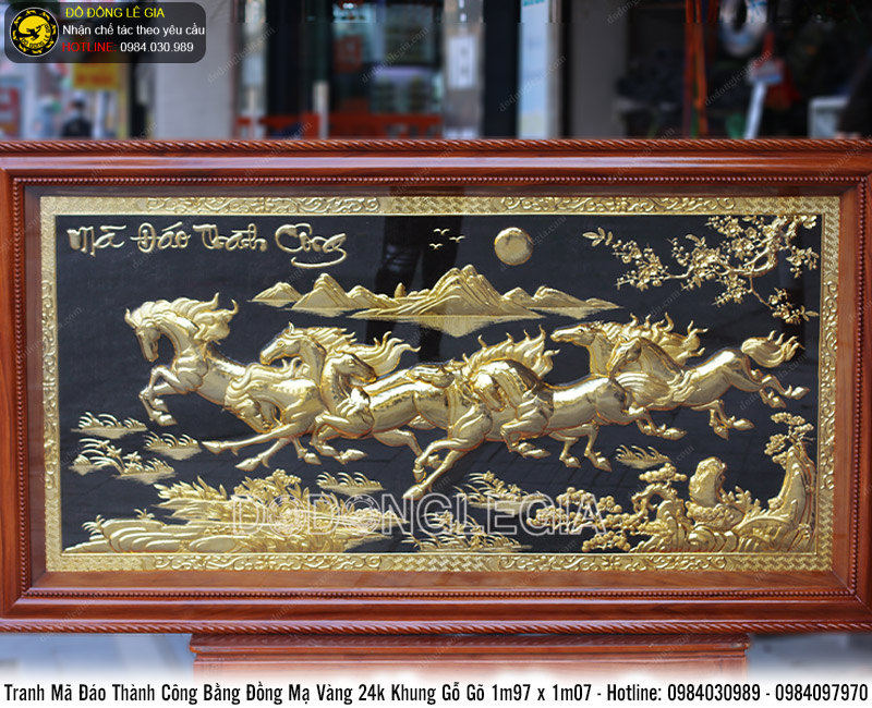 Tranh bát mã mạ vàng 24k khung gỗ gõ KT 1m97x1m07