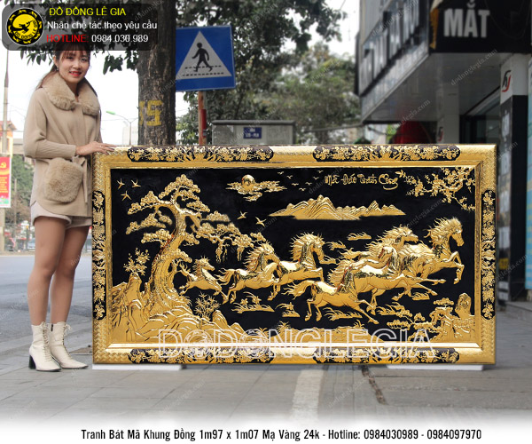 Tranh đồng bát mã khung đồng liền tấm mạ vàng 24k kích thước 197x107cm