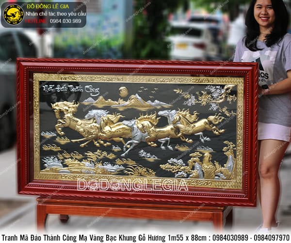 Tranh Bát Mã mạ vàng bạc khung gỗ hương 1m55 x 88cm