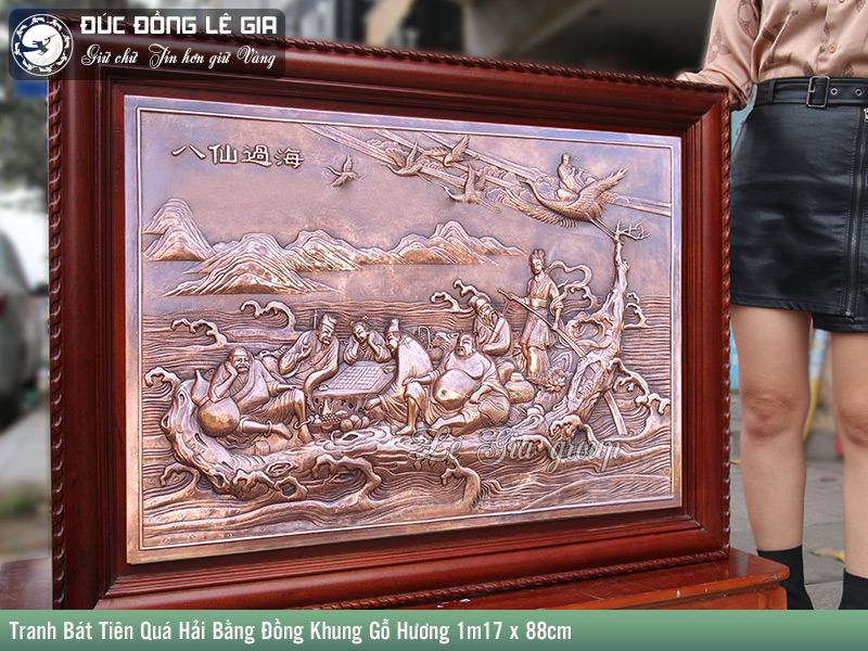 Tranh Bát Tiên Quá Hải Bằng Đồng Khung Gỗ Hương 1m17 x 88cm