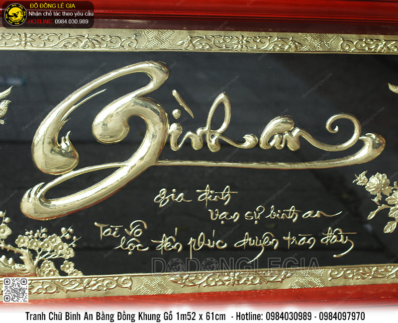 Tranh Chữ Bình An Bằng Đồng Khung Gỗ 1m52 x 61cm