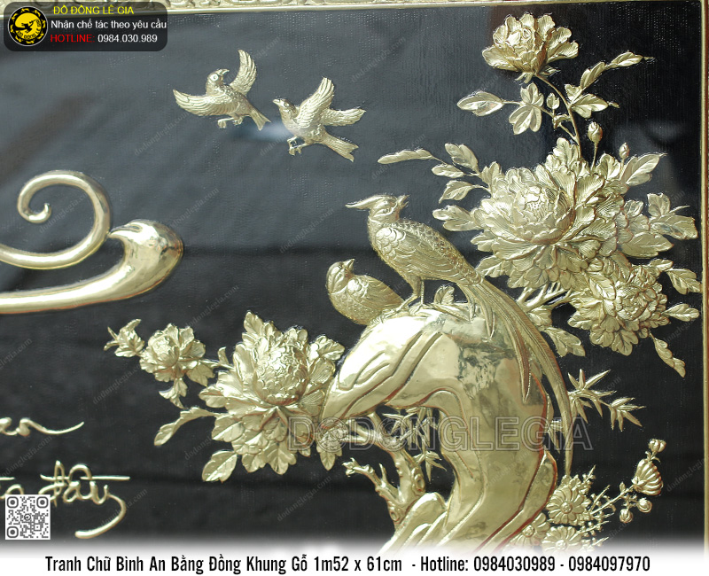 Tranh Chữ Bình An Bằng Đồng Khung Gỗ 1m52 x 61cm