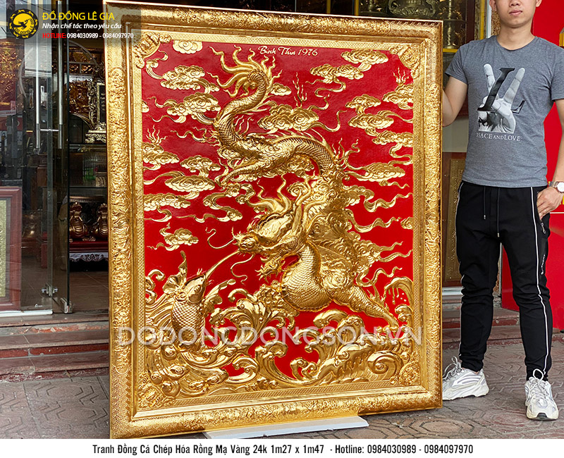 Tranh đồng cá chép hóa rồng mạ vàng 24k