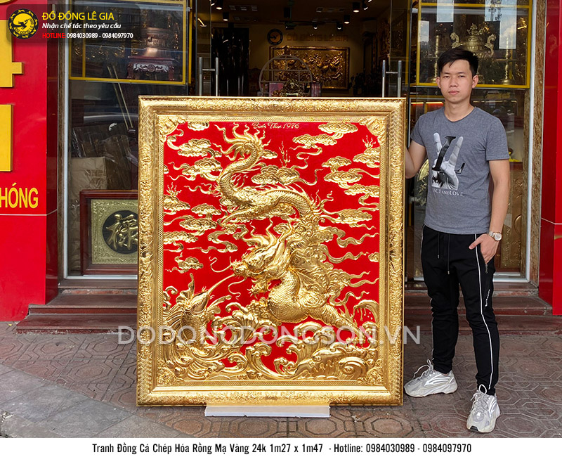 Tranh đồng cá chép hóa rồng mạ vàng 24k