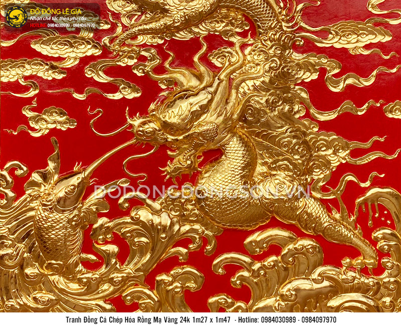 Tranh đồng cá chép hóa rồng mạ vàng 24k