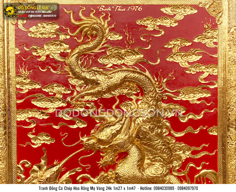 Tranh đồng cá chép hóa rồng mạ vàng 24k