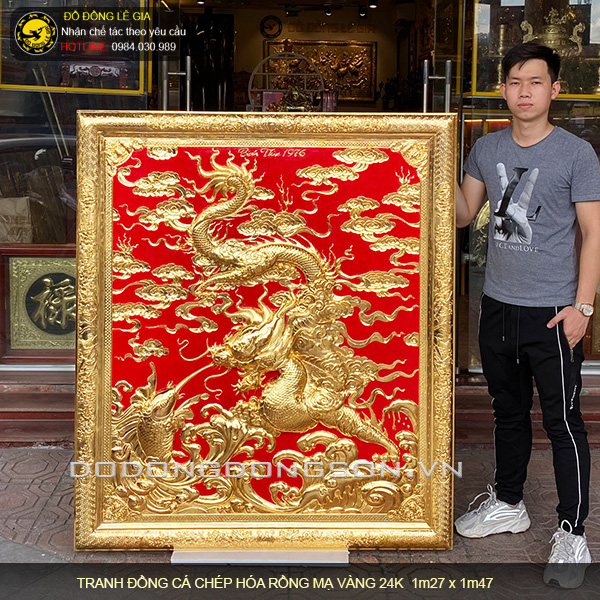 Tranh đồng cá chép hóa rồng mạ vàng 24k