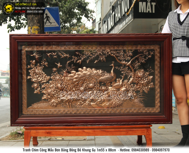 Tranh đồng Chim Công Mẫu Đơn khổ 1m55