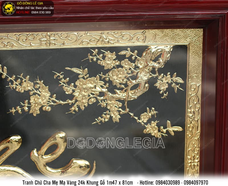 Tranh Chữ Cha Mẹ bằng đồng mạ vàng khung gỗ trò 1m47x81cm