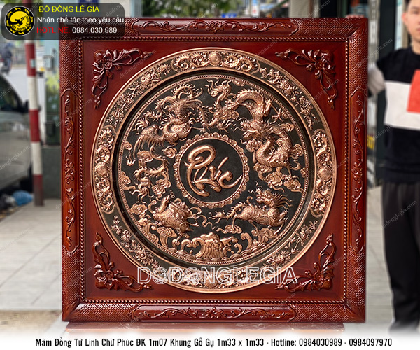 Mâm đồng chữ Phúc chạm tứ linh bằng đồng đỏ khung gỗ gụ KT 1m33