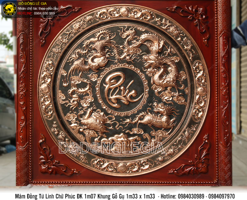 Mâm đồng chữ Phúc chạm tứ linh bằng đồng đỏ khung gỗ gụ KT 1m33